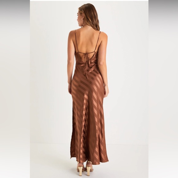 Lulus Sleek Sophisticate Bronze Satin Striped Backless Cowl Maxi Dress Gown - Picture 2 of 6